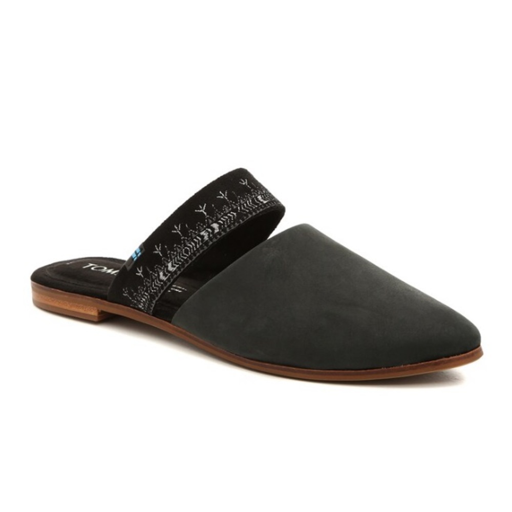 Tom’s “Jutti” Slip on Black Nubuck Mule Flats w Embroidered Strap.